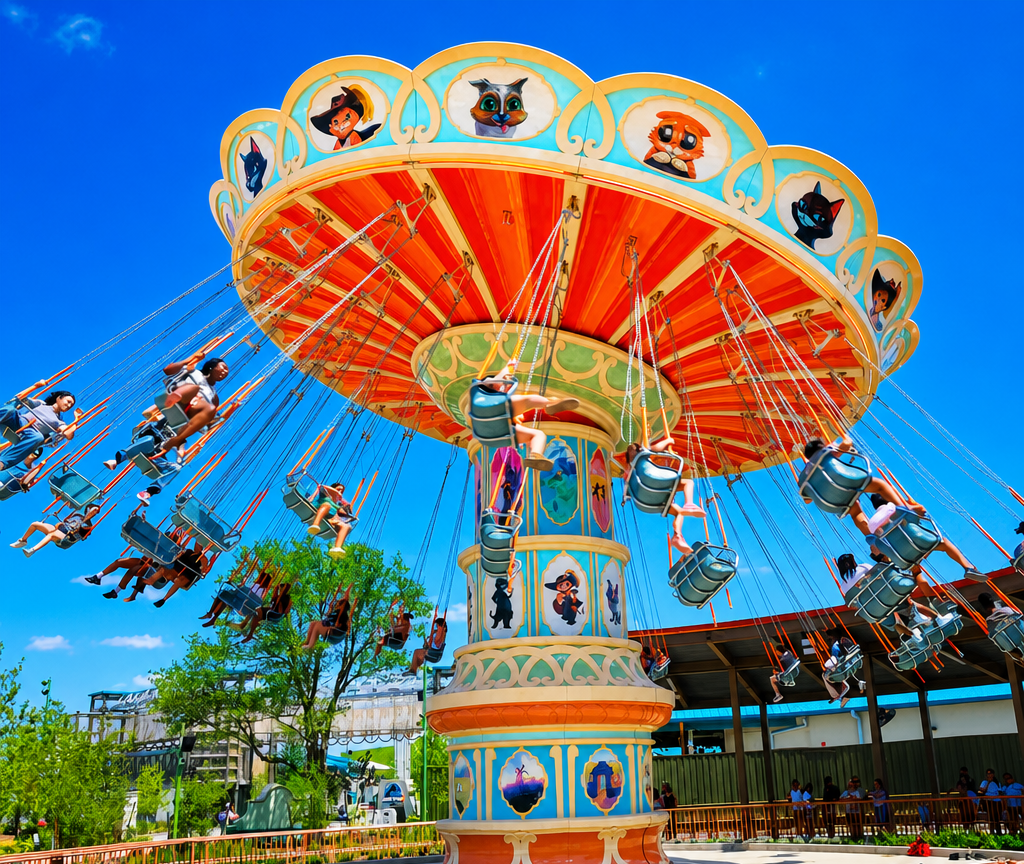 Small heroes unite at DreamWorks’ Puss in Boots Del Mar where Swings Over Del Mar has guests flying high.
