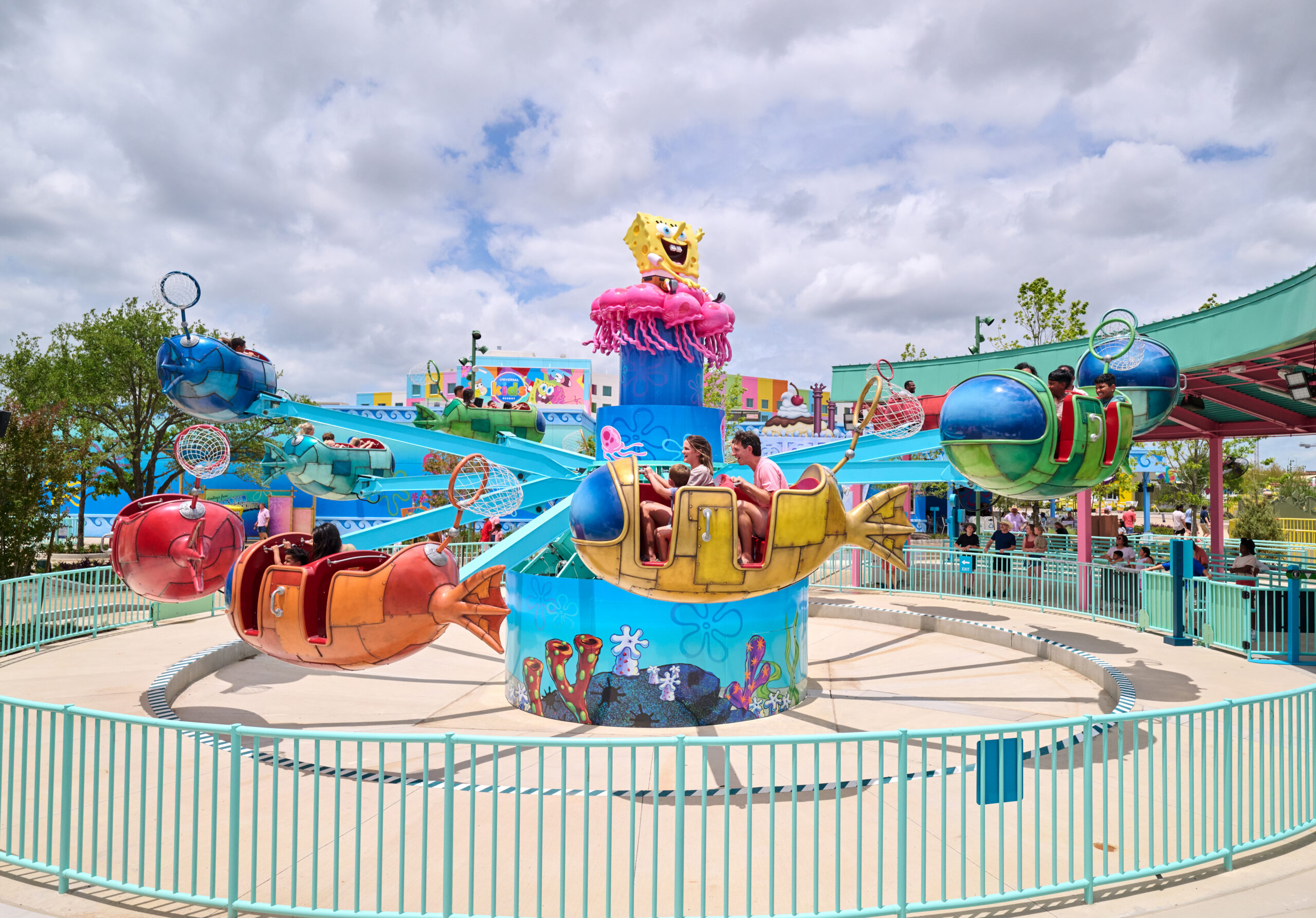 At Jellyfish Fields Jamboree, kids and their families hop aboard their very own Jelly Angler to bounce around with the one and only SpongeBob SquarePants.