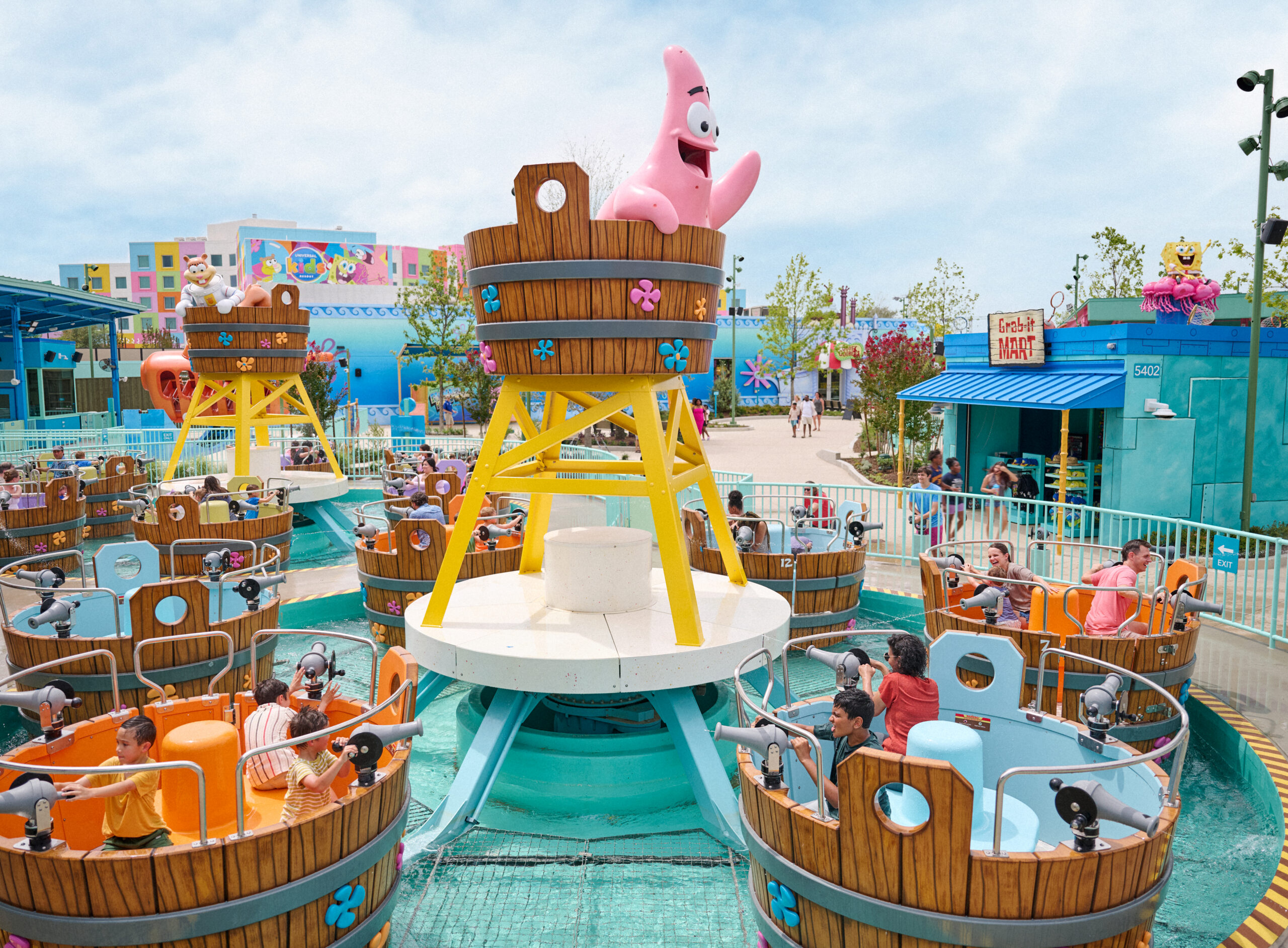 Bobbing Barrels features water cannons for families to blast water at each other as they spin around.