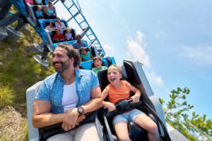 The curious Ankylosaurus, Bumpy, has gone missing, so kids and their grown-ups zoom through twists, turns, peaks and valleys on Jurassic World: Cretaceous Coaster to help find her.