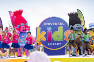 Poppy, Branch and kids danced to celebrate the grand opening of Universal Kids Resort.